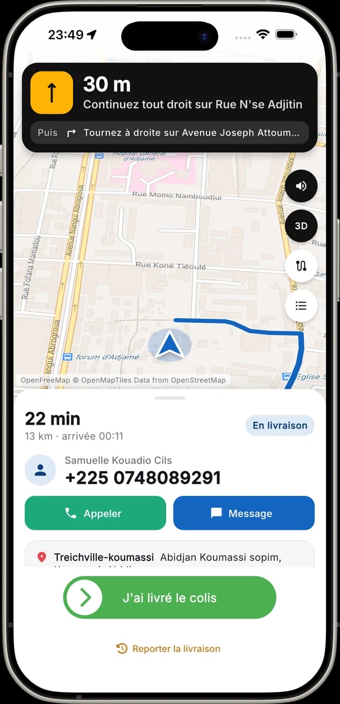 Navigation vers le point de livraison dans l’application Goplus Pro